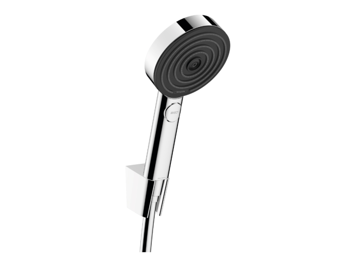 На изображении товар Гарнитур душевой Hansgrohe Pulsify Select S: держатель, лейка 105 мм., 3 режима, Relaxation, шланг 125 см, цвет Хром от официального представителя в Москве