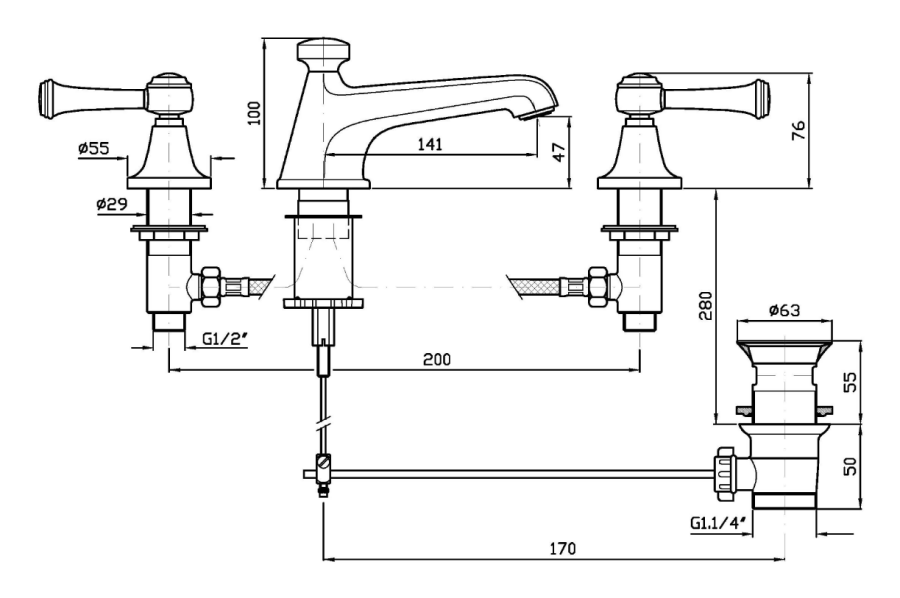Cмеситель для раковин Zucchetti Agora Classic, на 3 отверстия, аэратор, донный клапан pop-up 1¼”, гибкие шланги, цвет хром - изображение 1