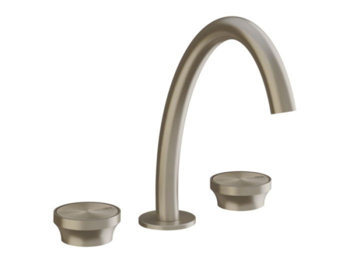 На изображении товар Смеситель для раковины Gessi Origini, средний, на 3 отверстия, без донного клапана, в комплекте отделочная вставка, цвет Finox Brushed Nickel от официального представителя в Москве