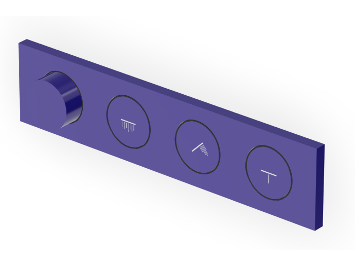 На изображении товар Термостат Zucchetti Hoop для душа, встраиваемый, с 3 кнопками включения и выключения, внешняя часть, цвет Mediterranean Blu от официального представителя в Москве