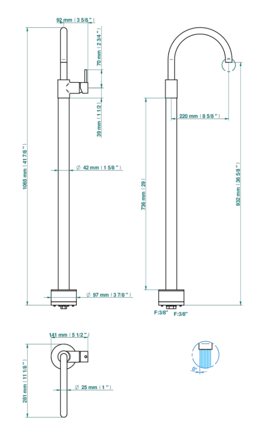 Смеситель THG Nano A Manettes, напольный,  для раковины, однорычажный, излив L-220 мм, цвет матовый никель - изображение 1