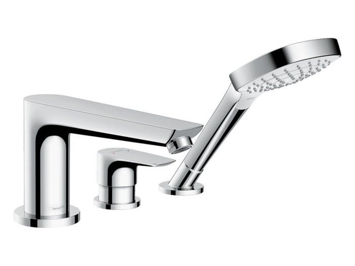 На изображении товар Смеситель для ванны Hansgrohe Talis E, на 3 отверстия, встраивается в борт, с ручным душем, цвет Хром от официального представителя в Москве