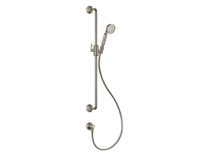 На изображении товар Штанга Gessi Venti20, с душевой лейкой, шлангом и выводом воды, h800 мм, цвет Finox Brushed Nickel от официального представителя в Москве