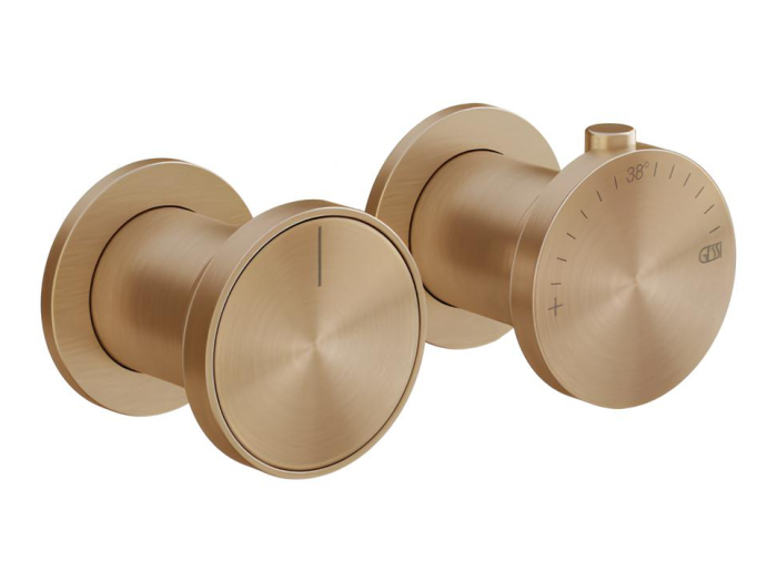 На изображении товар Термостат Gessi Origini, настенный, на 2 выхода, цвет Warm Bronze Brushed PVD от официального представителя в Москве