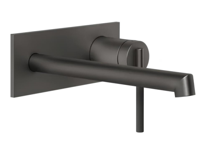 На изображении товар Смеситель для раковины Gessi Ingranaggio, настенный, с длинным изливом, без донного клапана, внешние части, цвет Black Metal Brushed PVD от официального представителя в Москве