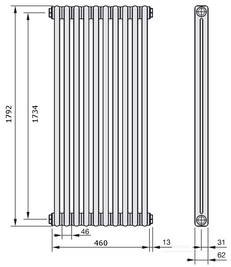 Радиатор отопления Zehnder Charleston 2-трубчатый 2180-10 секций 1792x486x62 , боковое подключение 1270, белый Ral 9016 - изображение 2