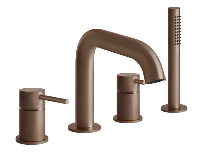 На изображении товар Смеситель для ванны Gessi316, на борт ванны, с выдвижным ручным душем, на 4 отверстия, цвет Copper Brushed PVD от официального представителя в Москве