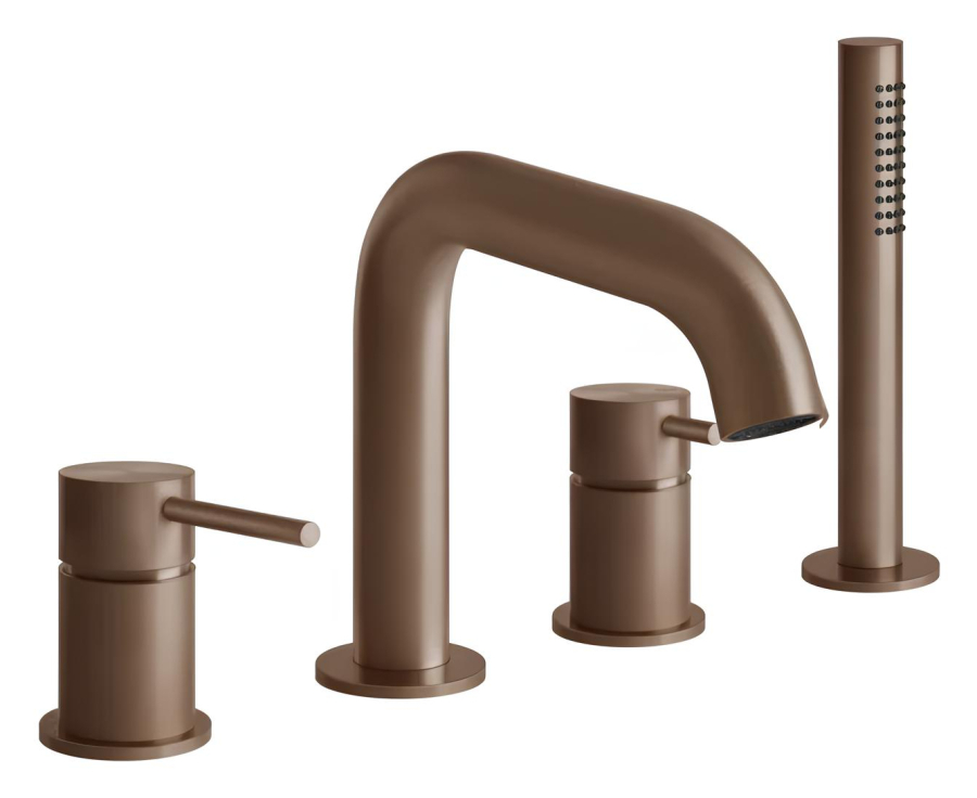 Смеситель для ванны Gessi316, на борт ванны, с выдвижным ручным душем, на 4 отверстия, цвет Copper Brushed PVD