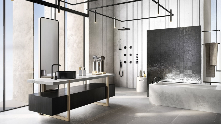 Смеситель для ванны Gessi316, на борт ванны, с выдвижным ручным душем, на 4 отверстия, цвет Copper Brushed PVD - изображение 1