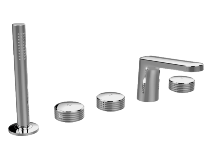 На изображении товар Смеситель для ванны Carlo Frattini Texture Collection Н, на борт, на 5 отверстий, с изливом, переключателем, вытяжным душем, без накладок, цвет хром от официального представителя в Москве