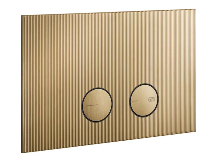 На изображении товар Клавиши смыва Gessi с панелью Rigato, для унитаза, к инсталляции Geberit (Geberit Sigma 8 и Geberit Sigma 12), цвет Warm Bronze Brushed PVD от официального представителя в Москве