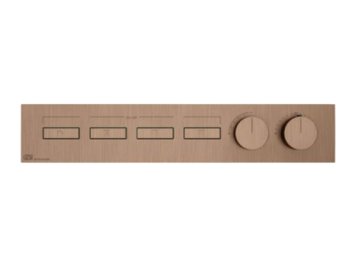 На изображении товар Термостат Gessi HI-FI, с кнопками вкл/выкл, до 4 функций одновременно, внешняя часть, ширина 535 мм, цвет Copper Brushed PVD от официального представителя в Москве