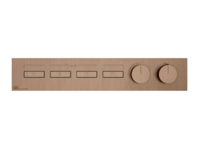 На изображении товар Термостат Gessi HI-FI, с кнопками вкл/выкл, до 4 функций одновременно, внешняя часть, ширина 535 мм, цвет Copper Brushed PVD от официального представителя в Москве