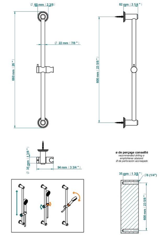 Штанга для душа THG Faubourg metal Lever, h-60 см, с держателем для душевой лейки, цвет бронза - изображение 1