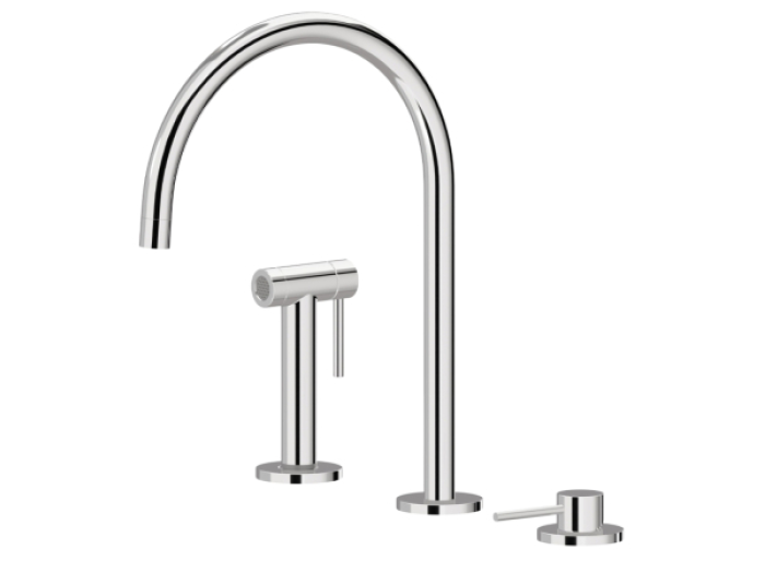 На изображении товар Cмеситель для кухни Newform N21, однорычажный, на 2 отверстия, поворотный излив, боковой выдвижной душ, шланги с внутренней резьбой, цвет PVD Brushed Pale gold от официального представителя в Москве