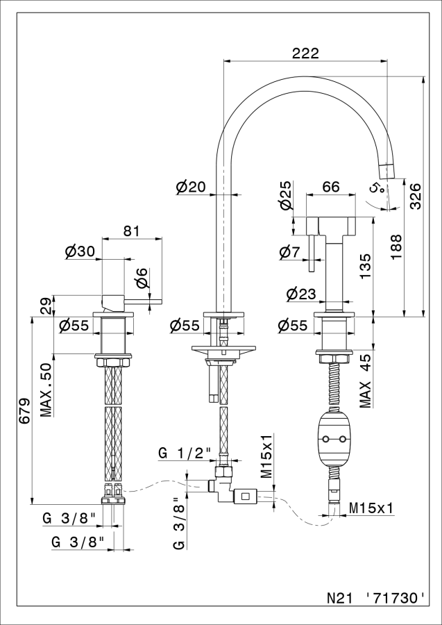 Cмеситель для кухни Newform N21, однорычажный, на 2 отверстия, поворотный излив, боковой выдвижной душ, шланги с внутренней резьбой, цвет PVD Brushed Pale gold - изображение 2