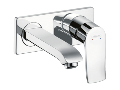 На изображении товар Смеситель для раковины Hansgrohe Metris, настенный, однорычажный, на два отверстия, внешняя часть, цвет хром от официального представителя в Москве