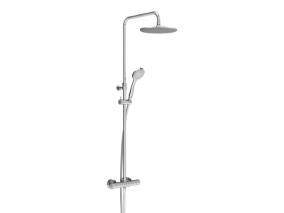На изображении товар Душевая система Gessi Minimalistic Shower, настенный термостат, стойка с верхним душем Ø250 мм, автоматический переключатель, шланг, ручная лейка, цвет Chrome от официального представителя в Москве