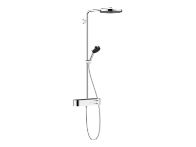 На изображении товар Душевая система Hansgrohe Pulsify, c термостатом для ванны ShowerTablet Select 400, цвет хром от официального представителя в Москве