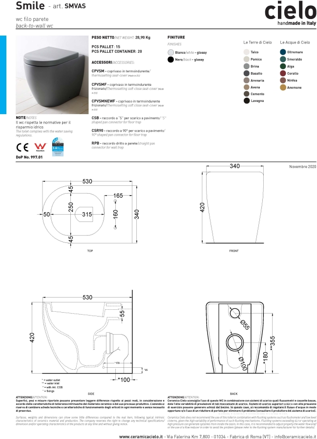 Унитаз Cielo Smile 350х540х420 мм, напольный, бифункциональный, независимая подача воды, универсальный слив, цвет Pomice - изображение 1