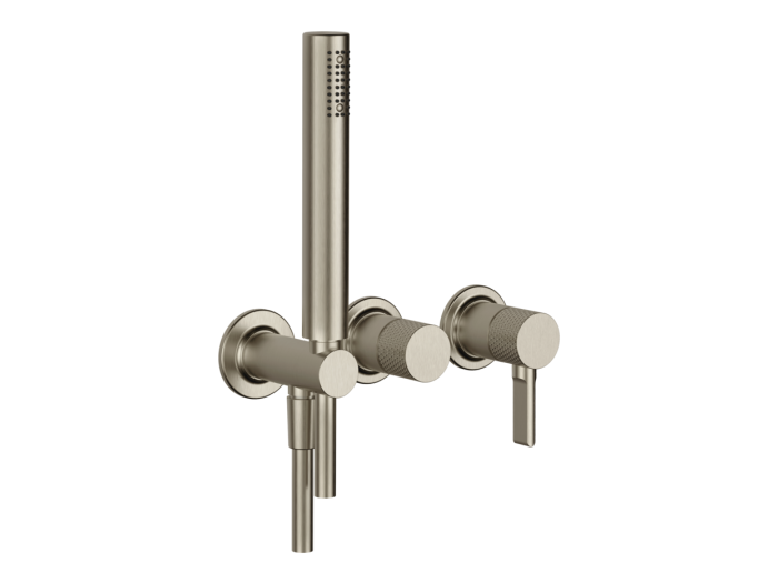 На изображении товар Смеситель Gessi Inciso, настенный, с переключателем и ручным душем, на 2 выхода, встраиваемый, цвет Finox Brushed Nickel от официального представителя в Москве