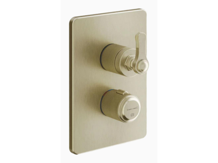 На изображении товар Термостат Gessi Venti20, встраиваемый, с переключателем на 3 позиции, внешняя часть, Н-210 мм, цвет Brushed Brass PVD от официального представителя в Москве