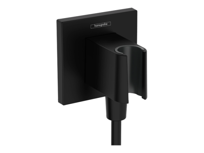 На изображении товар Шланговое подсоединение Hansgrohe Fixfit Porter E, со встроенным держателем лейки, с клапаном обратного тока воды, цвет чёрный матовый от официального представителя в Москве