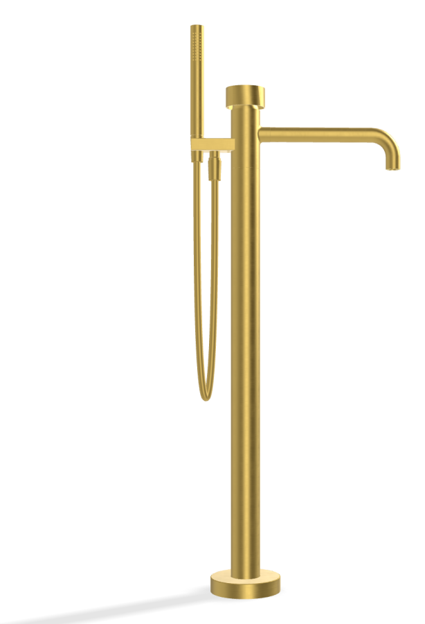 Смеситель для ванны Carlo Frattini SO, напольный, с гибким шлангом хромалюкс 1500 мм, переключателем, ручным душем, без ручек, внешняя часть, цвет брашированное золото - изображение 2