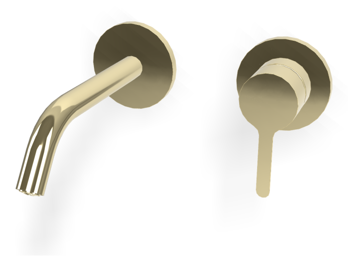 На изображении товар Carlo Frattini Snap смеситель для раковины, настенного монтажа, излив 150 мм, 2 гибких шланга, донный клапан Click-Clack, цвет шампань от официального представителя в Москве