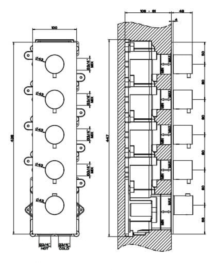 Термостат Gessi316, встраиваемый, высокой производительности, на 4 выхода, внешняя часть, цвет Steel Brushed - изображение 2