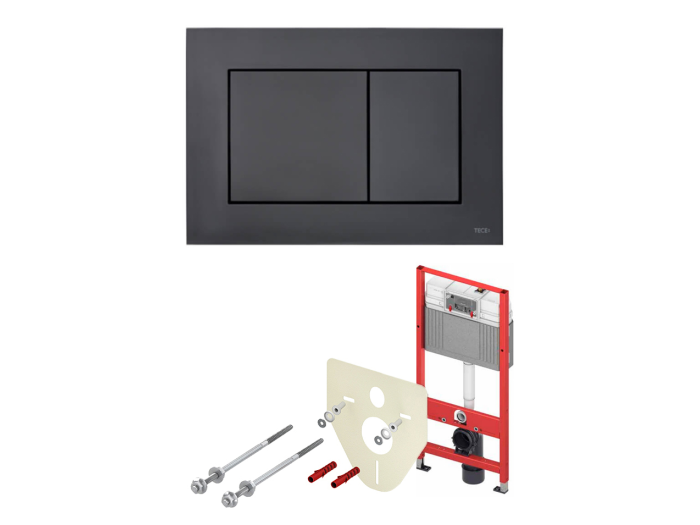 На изображении товар Комплект TECEbase 2.0 для установки подвесного унитаза с панелью смыва TECEnow, цвет чёрный матовый от официального представителя в Москве