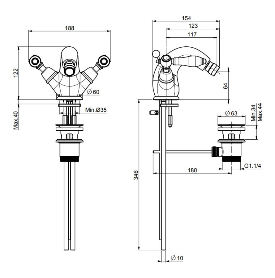 Смеситель для биде Carlo Frattini Herend, XS, с 2 гибкими шлангами, донным клапаном 1"1/4, ширина 188 мм, цвет золото брашированное - изображение 1