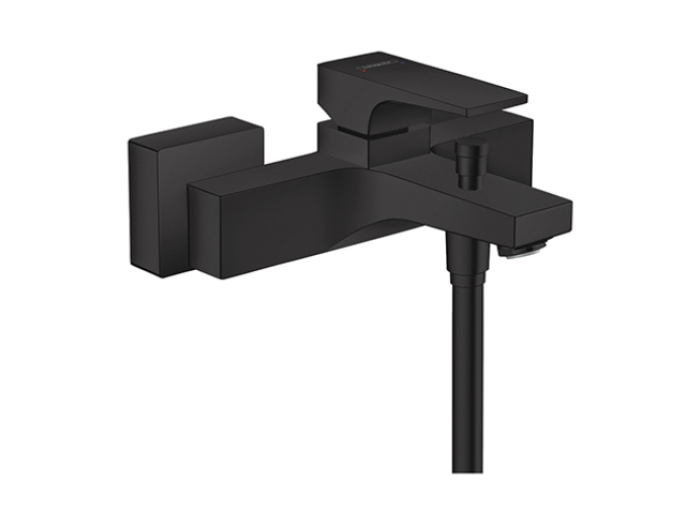 На изображении товар Смеситель для ванны Hansgrohe Metropol, настенный, однорычажный, на 2 отверстия, внешнего монтажа, цвет черный матовый от официального представителя в Москве