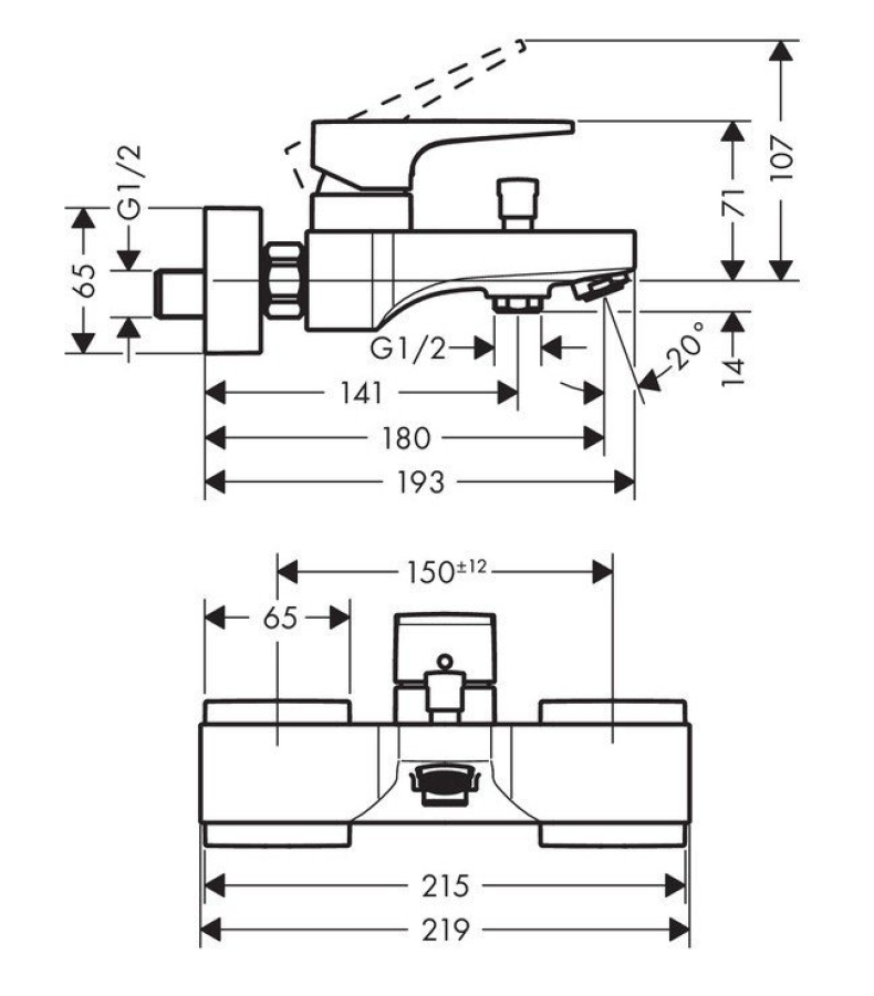 Смеситель для ванны Hansgrohe Metropol, настенный, однорычажный, на 2 отверстия, внешнего монтажа, цвет черный матовый - изображение 1