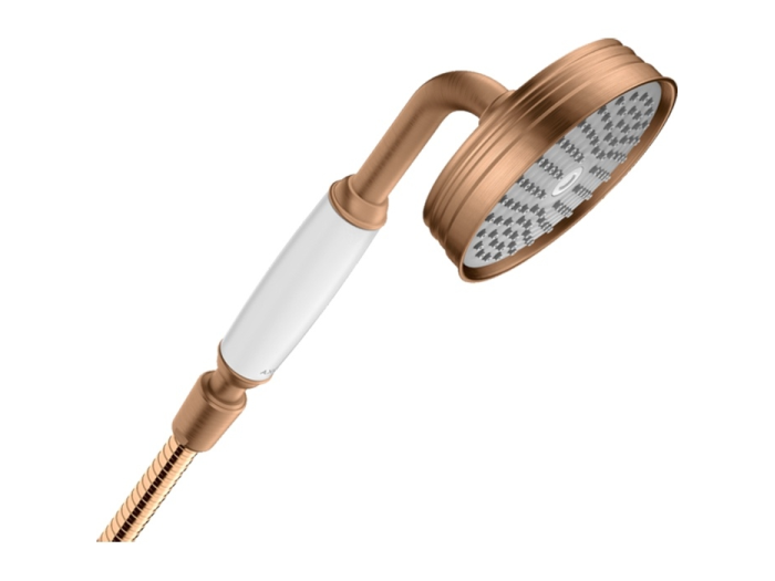 На изображении товар Душ ручной Axor Montreux, лейка с керамической рукояткой, металл, цвет бронза матовая/белый от официального представителя в Москве