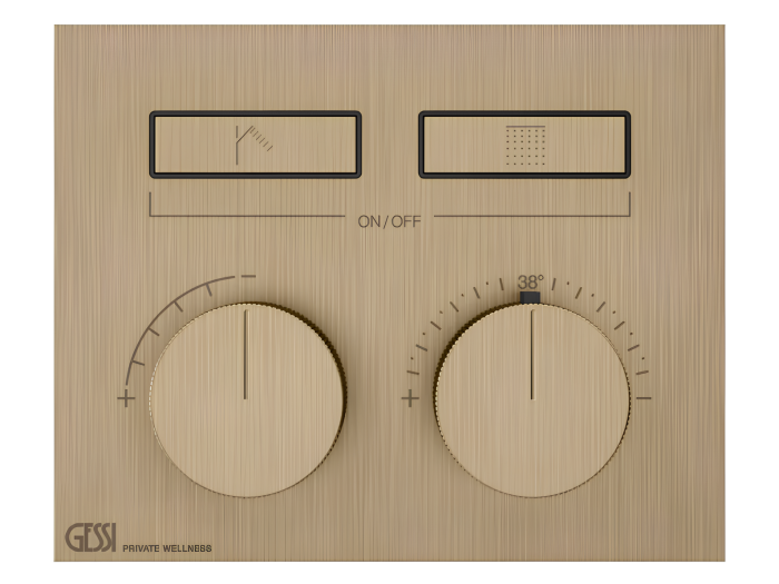 На изображении товар Термостат Gessi HI-FI, до 2 функций одновременно, кнопка вкл/выкл, внешняя часть, цвет Warm Bronze Brushed PVD от официального представителя в Москве
