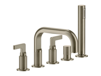 На изображении товар Смеситель для ванны Gessi Inciso, на 5 отверстий, с изливом и ручным душем, цвет Finox Brushed Nickel от официального представителя в Москве
