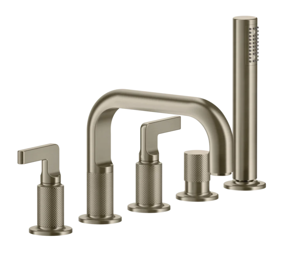 Смеситель для ванны Gessi Inciso, на 5 отверстий, с изливом и ручным душем, цвет Finox Brushed Nickel