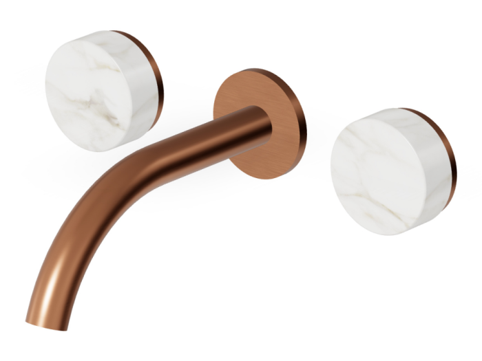 На изображении товар Смеситель для раковины Zucchetti Isy22, настенный, на 3 отверстия, внешняя часть, цвет Brushed Copper PVD/Calacatta gold marble от официального представителя в Москве