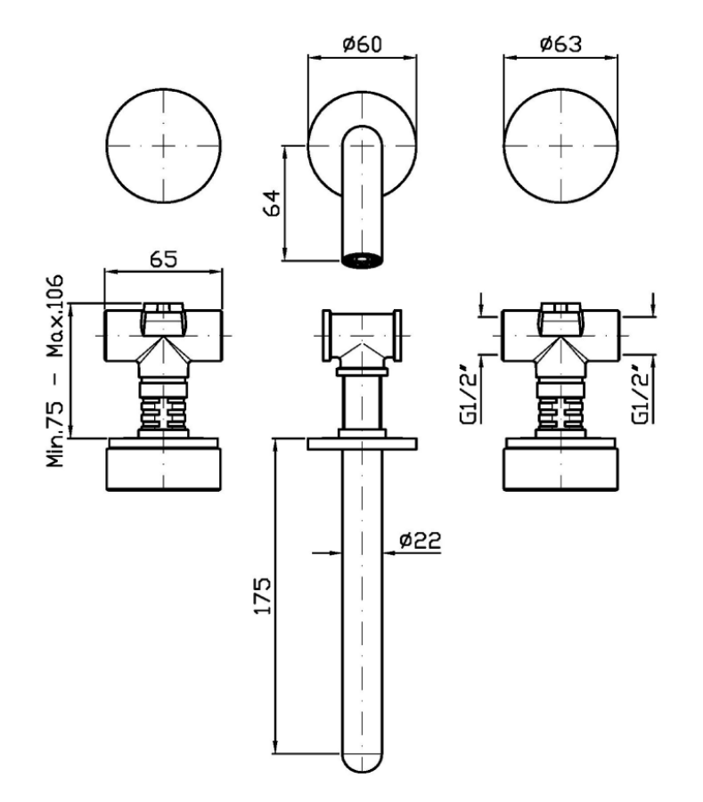 Смеситель для раковины Zucchetti Isy22, настенный, на 3 отверстия, внешняя часть, цвет Brushed Copper PVD/Calacatta gold marble - изображение 1