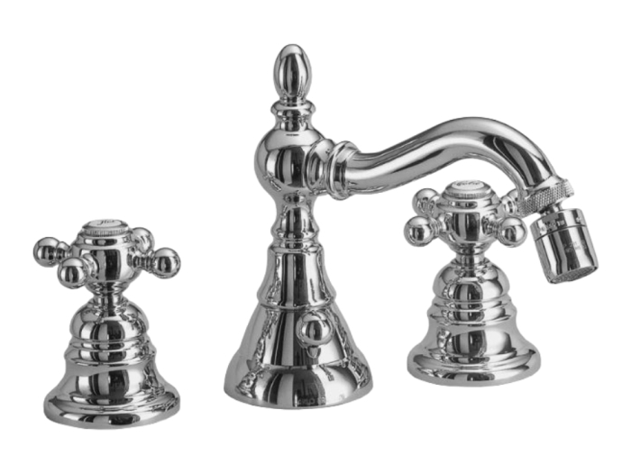 На изображении товар Смеситель для биде Carlo Frattini Elizabeth/Epoque, XS, двухвентильный, с поворотным изливом, донным клапаном, 2 гибкими шлангами, Н-152 мм, цвет бронза античная от официального представителя в Москве