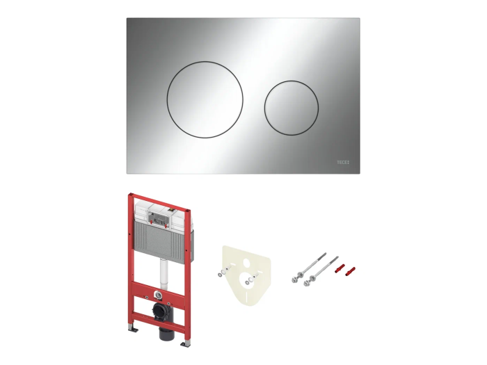 На изображении товар Комплект TECEbase 2.0 для установки подвесного унитаза с панелью смыва TECEloop, цвет хром глянцевый от официального представителя в Москве