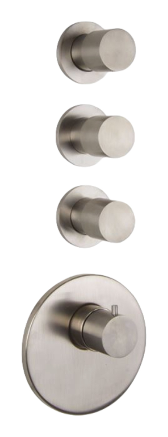 Термостат Carlo Frattini Spillo Steel, с 3 запорными вентилями, ручками с защитой от обжигания, горизонтальная/вертикальная установка, внешняя часть, цвет нержавеющая сталь