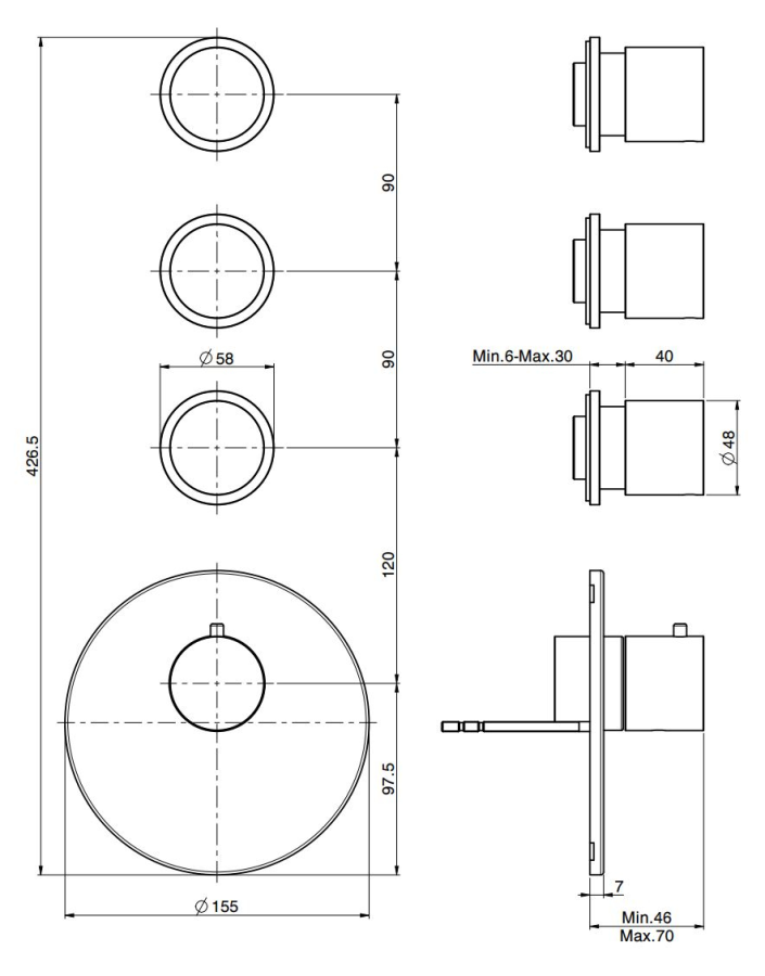 Термостат Carlo Frattini Spillo Steel, с 3 запорными вентилями, ручками с защитой от обжигания, горизонтальная/вертикальная установка, внешняя часть, цвет нержавеющая сталь - изображение 1