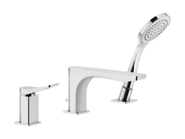 На изображении товар Смеситель для ванны Gessi Rilievo, на 3 отверстия с переключателем, изливом, выдвижным ручным душем, цвет Chrome от официального представителя в Москве