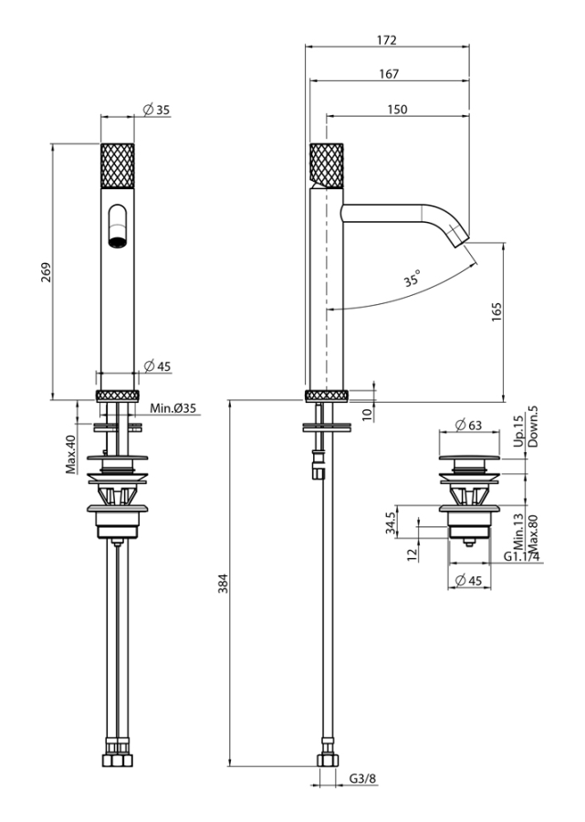 Смеситель для раковины Carlo Frattini Spillo Tech 167x269h мм, высокий, на 1 отверстие, ручка X Collection, донный клапан Click-Clack, цвет хром - изображение 5
