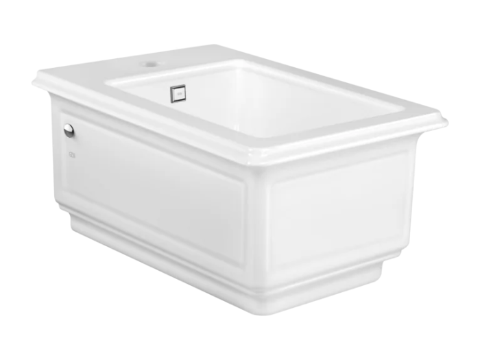 На изображении товар Биде Gessi Total Look, 560x391 мм, с 1 отверстием под смеситель, пробки для боковых креплений и перелива в отделке хром, цвет White Ceramic от официального представителя в Москве