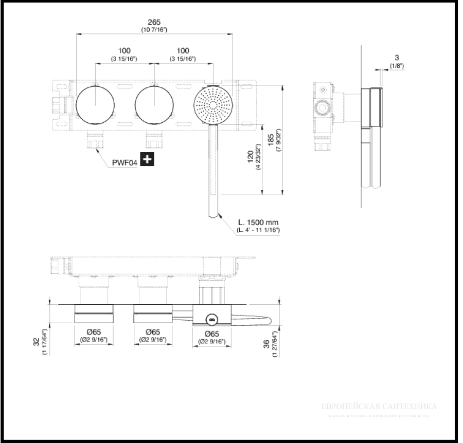 Смеситель CeaDesign Giotto Plus для ванны, настенный, встраиваемый, двухрычажный, ручной душ Ø 65 мм, шланг Quartz Grey, сталь, цвет бронза сатинированная - изображение 1