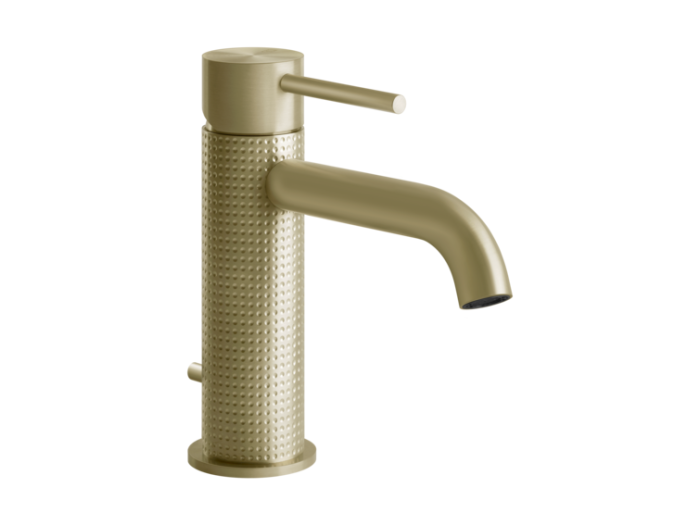 На изображении товар Смеситель для раковины Gessi 316, однорычажный, с донным клапаном, цвет Brass Brushed PVD от официального представителя в Москве