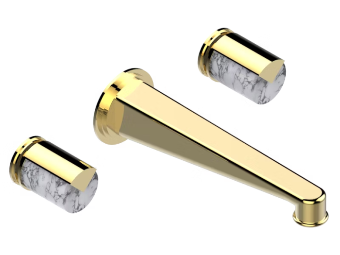 На изображении товар Смеситель для раковины THG Le 9 Howlite, настенный, с длинным изливом, цвет Gold PVD от официального представителя в Москве